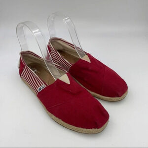 TOMS classics red and white stripe canvas slip-on elastic top flats / shoes